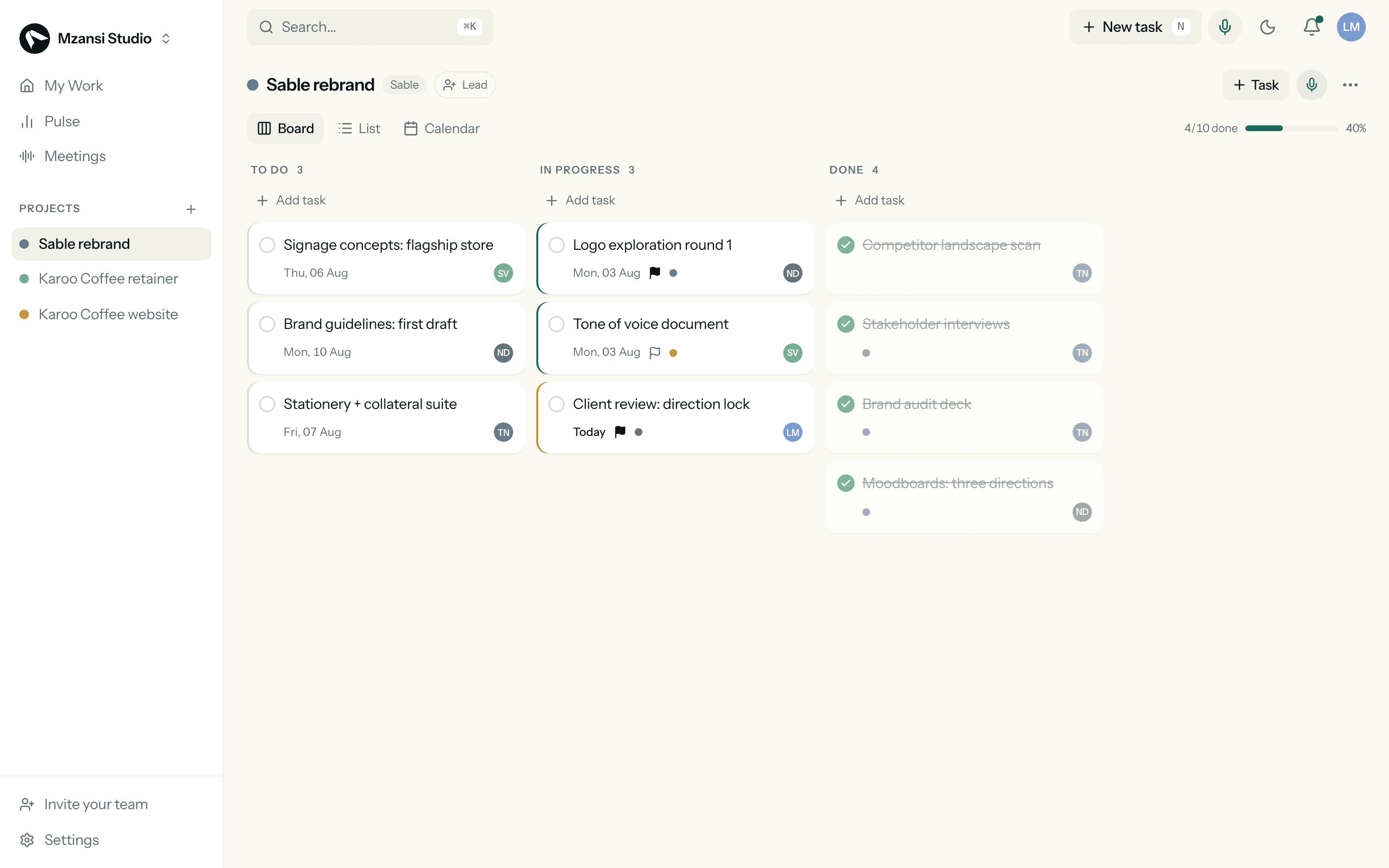 A project board in Alpha Workspace: To do, In progress and Done columns with real tasks, coloured due-date rails on the leading edge of each card