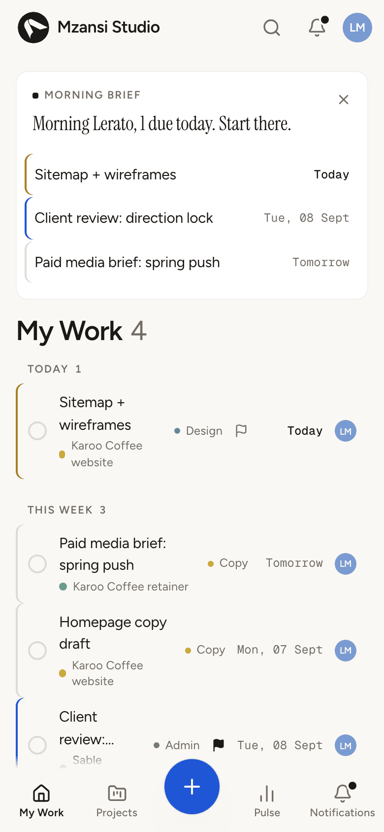 Alpha Workspace installed on a phone: morning brief, today's tasks and the bottom tab bar