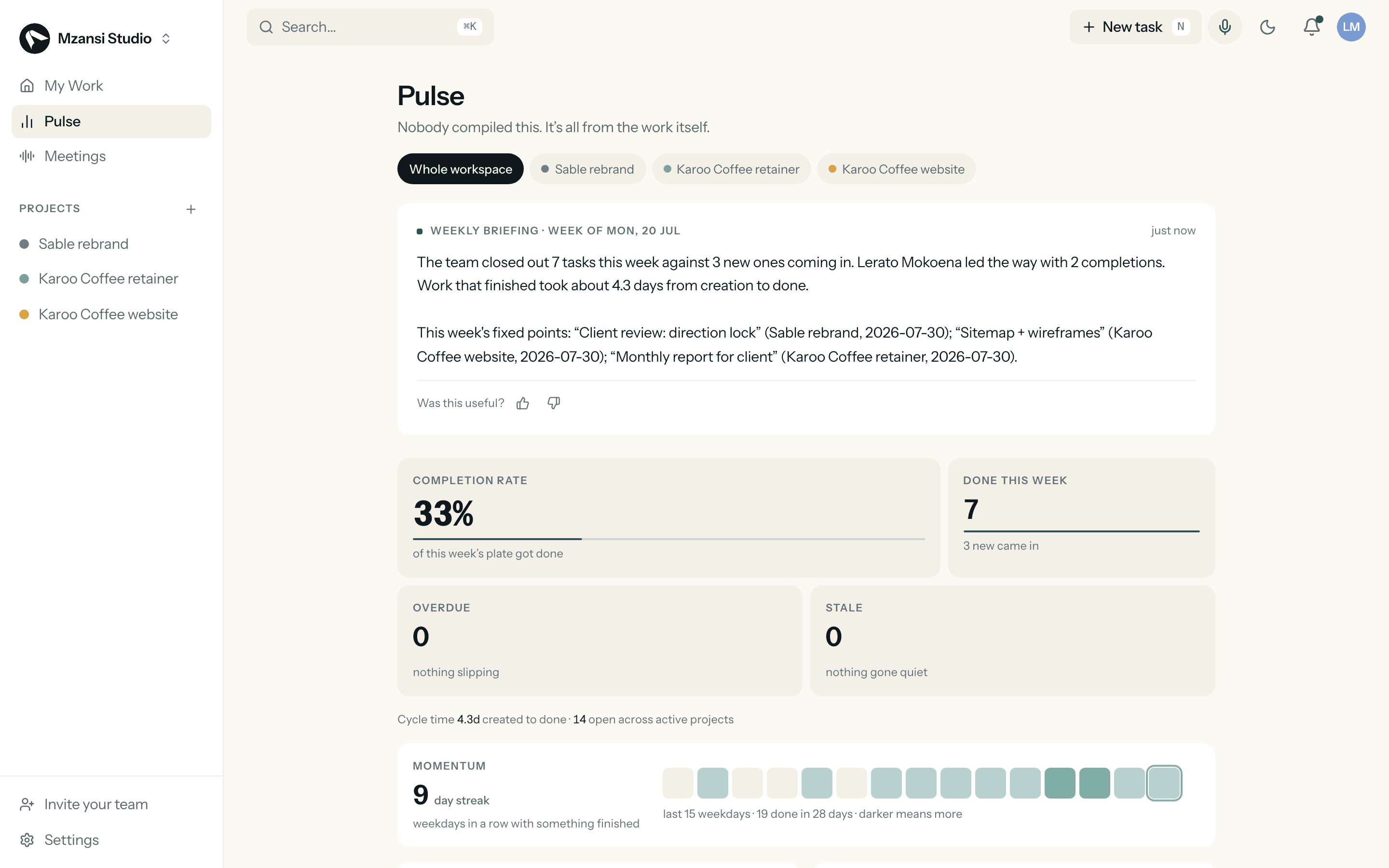 The Pulse dashboard in Alpha Workspace: weekly briefing up top, then completion rate, done this week, overdue and stale tiles